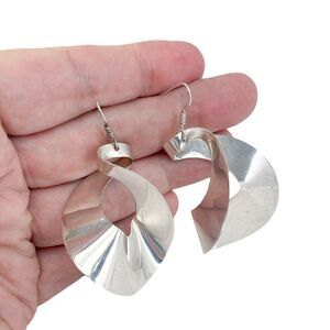 Vintage Sterling Silver 925 Sculptural Spiral Ribbon Dangle Earrings